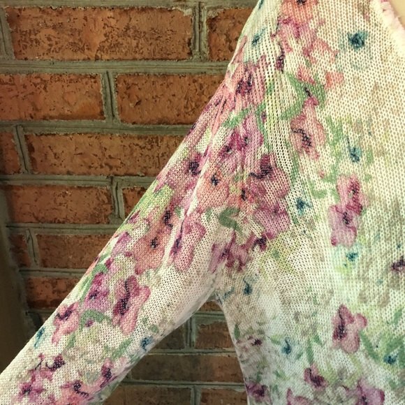 J. Jill Sweater Womens Medium Pink Floral Linen Blend Lightweight 3/4 Sleeves - Picture 4 of 11